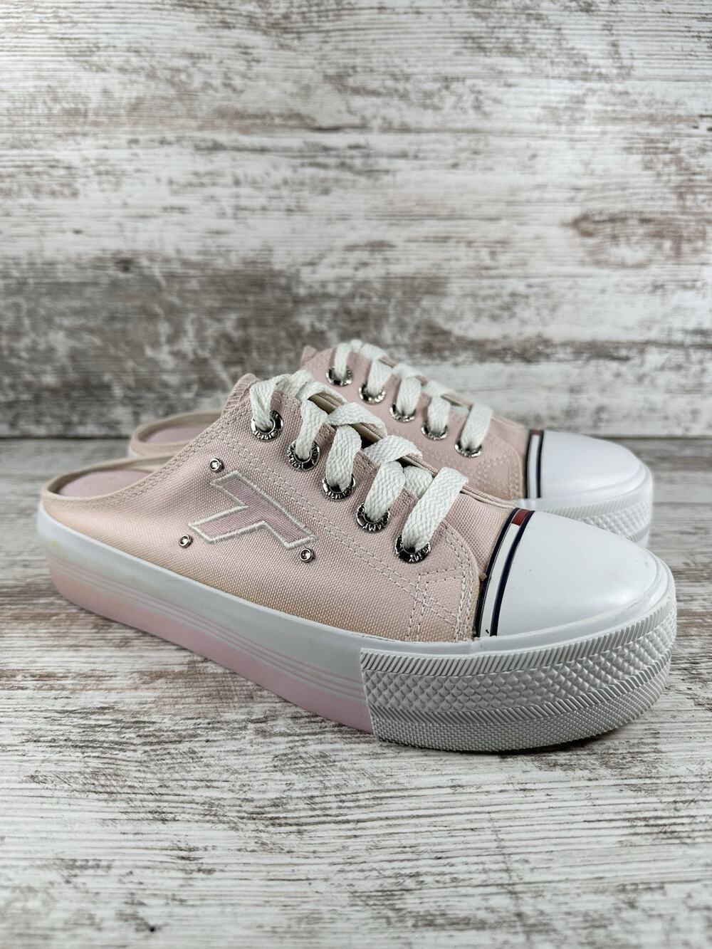 Women's Vintage Tommy Hilfiger Pink Canvas Platform Slip-On Mules Sz 7.5M